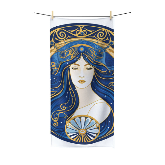 Virgo Zodiac Circular Symmetry in Gold Royal Blue - Polycotton Towel