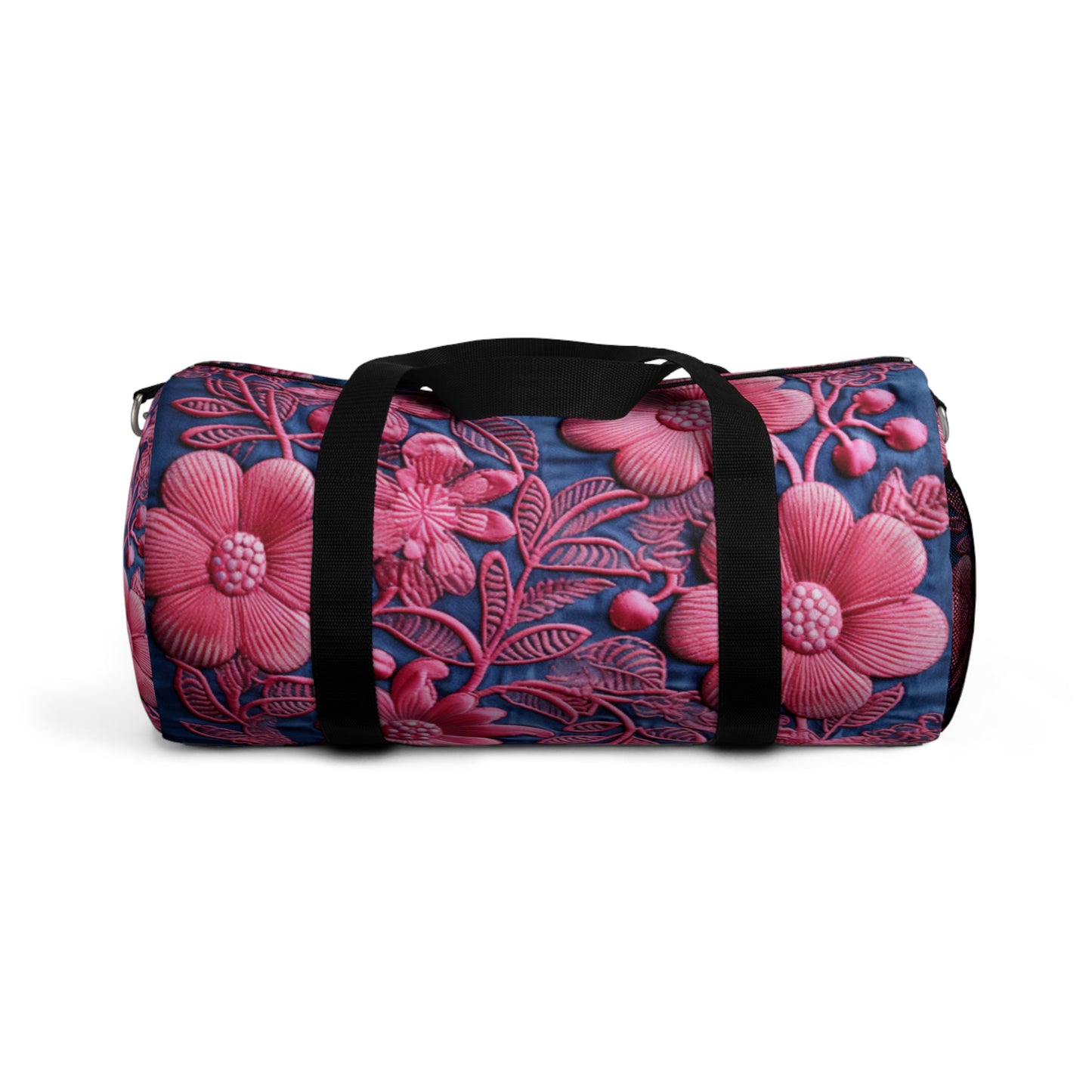 Denim Blue Doll Pink Floral Embroidery Style Fabric Flowers - Duffel Bag