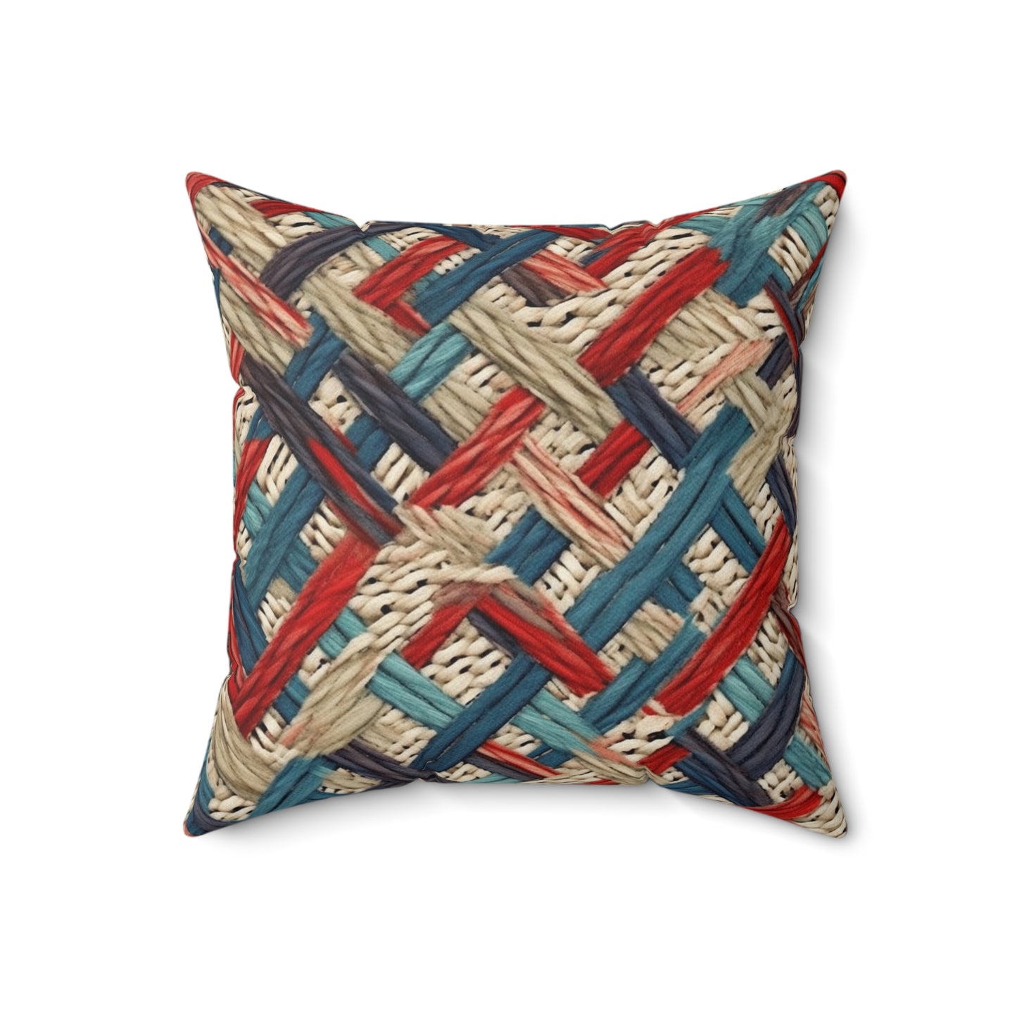 Colorful Yarn Knot: Denim-Inspired Fabric in Red, White, Light Blue - Spun Polyester Square Pillow