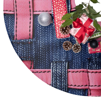 Candy-Striped Crossover: Pink Denim Ribbons Dancing on Blue Stage - Christmas Tree Skirts