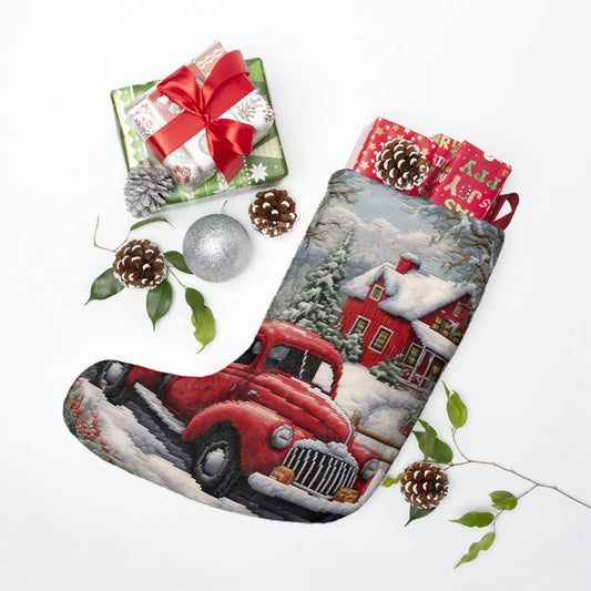 Red Truck Christmas Embroidery: Needlepoint Festive Winter Scene Threadwork - Christmas Stockings