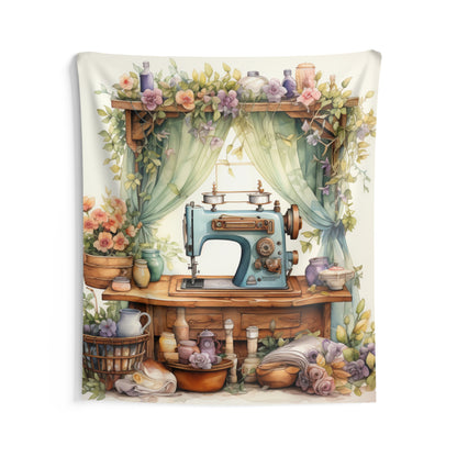 Rustic Sewing Nook Watercolor Illustration, Pastel Vintage Sewing Machine with Floral - Indoor Wall Tapestries