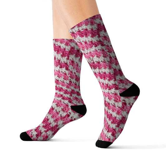 Hot Pink & White Knit, Vibrant Yarn Blend, Modern Chic Texture - Sublimation Socks