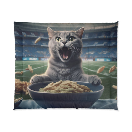 Halftime Football Feline: Screaming Sports Fan Cat Stadium Food Kitten - Bed Comforter