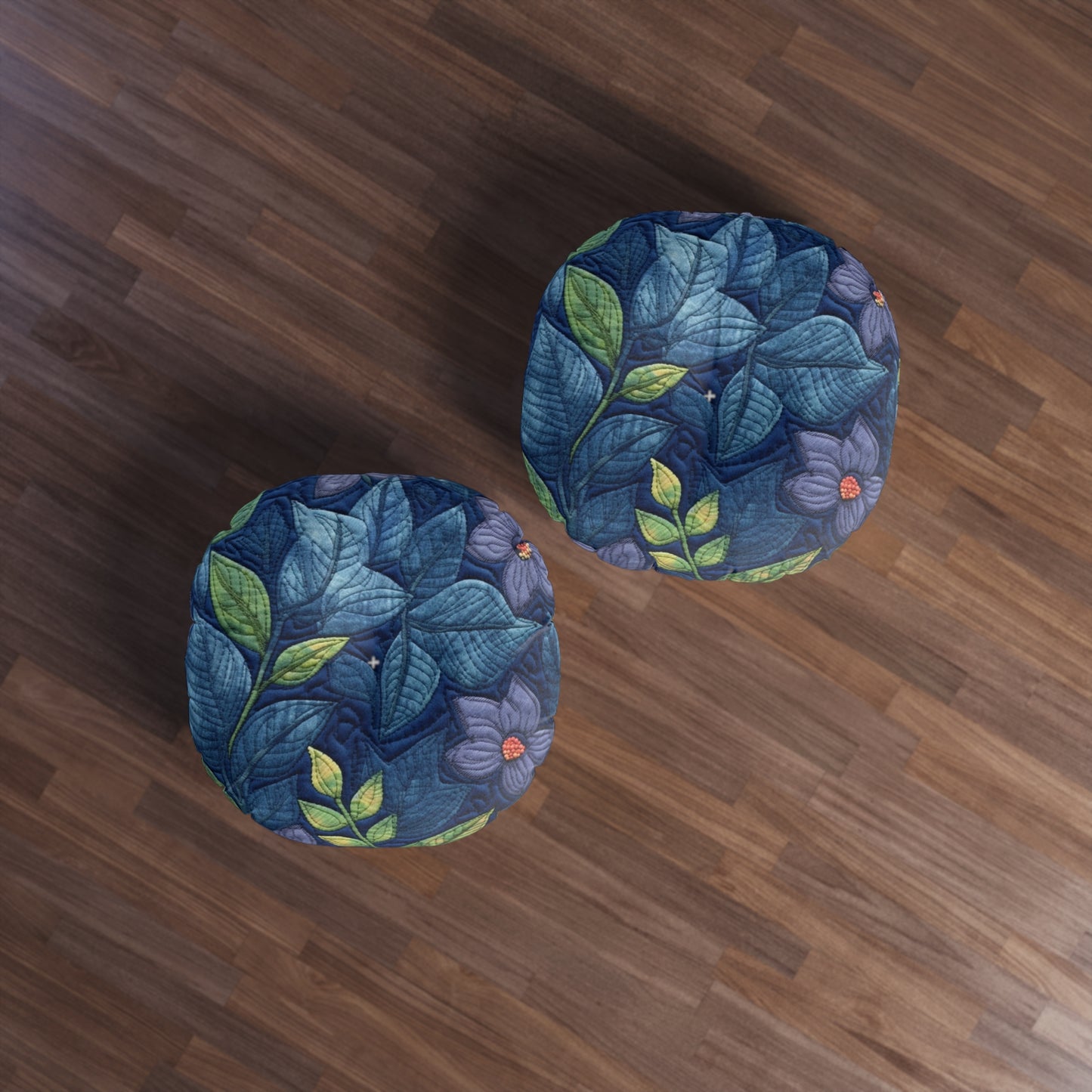 Floral Embroidery Blue: Denim-Inspired, Artisan-Crafted Flower Design - Tufted Floor Pillow, Round