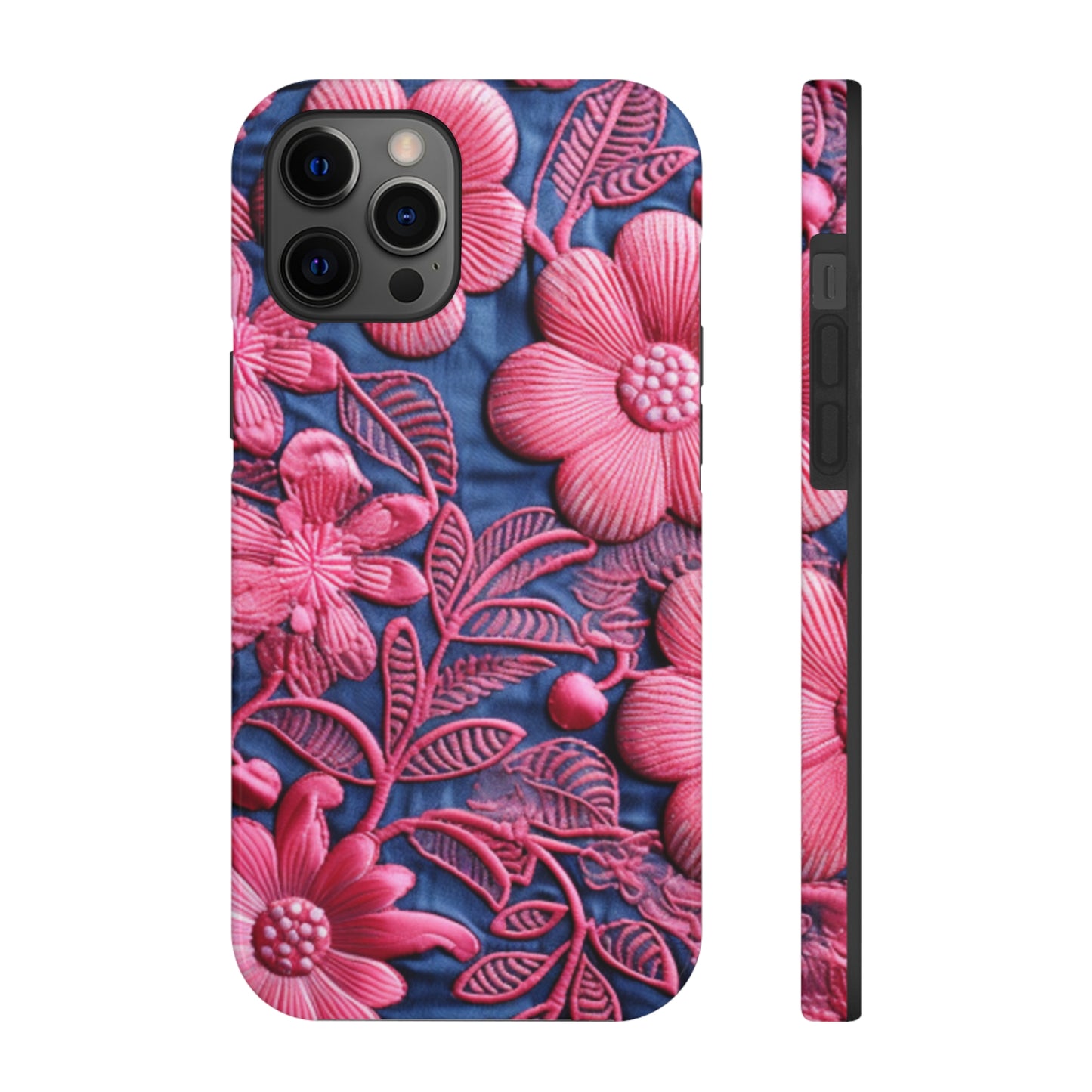 Denim Blue Doll Pink Floral Embroidery Style Fabric Flowers - Tough Phone Cases