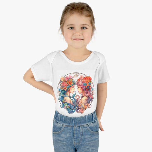 Zodiac Gemini Clipart - Twins Symbol, Whimsical Comic Style - Infant Baby Rib Bodysuit