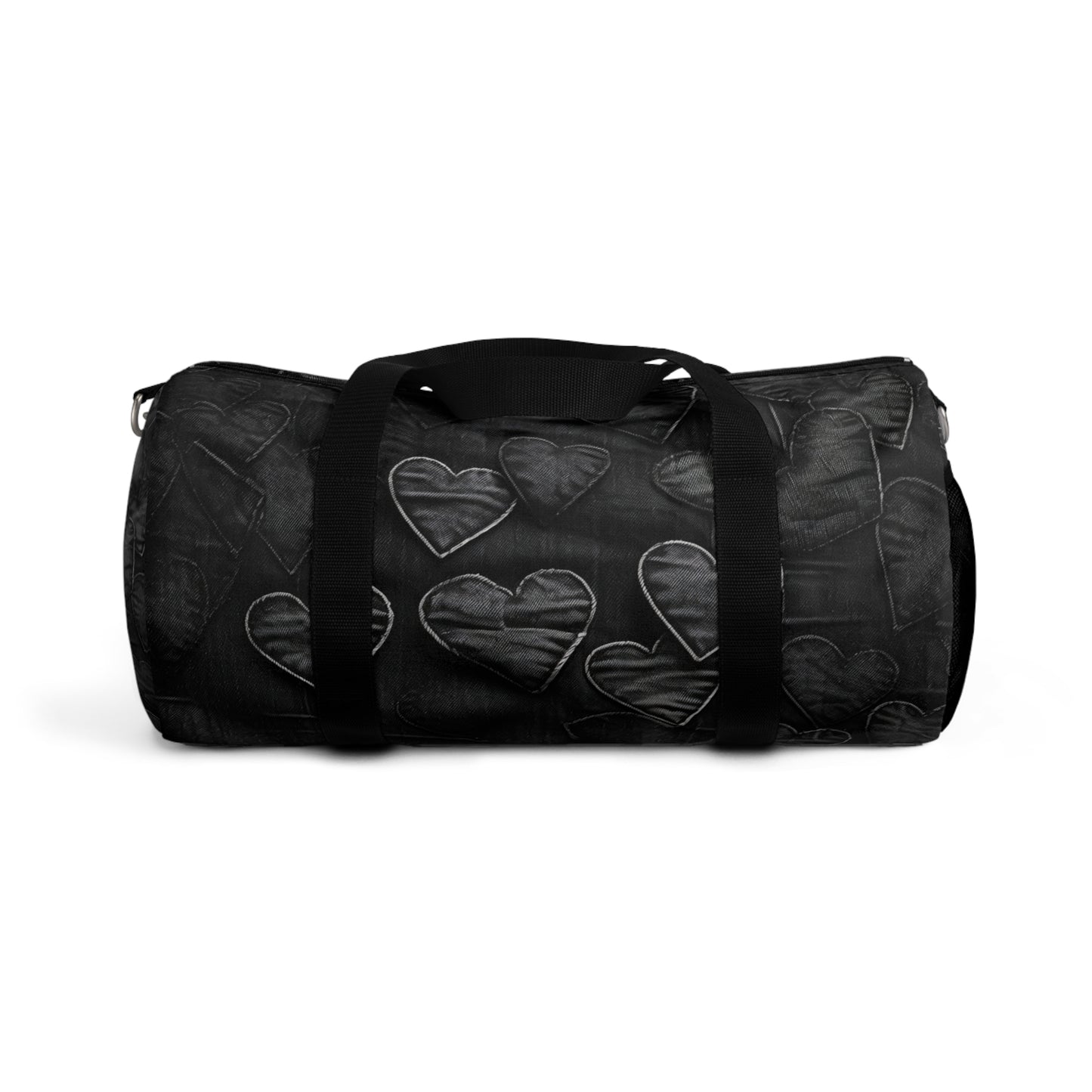 Black: Distressed Denim-Inspired Fabric Heart Embroidery Design - Duffel Bag