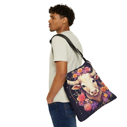 Taurus Zodiac Bull Flower Accents - Astrology Sign - Adjustable Tote Bag (AOP)