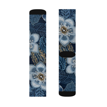 Flower Blossom Embroidery Floral on Denim Style - Sublimation Socks