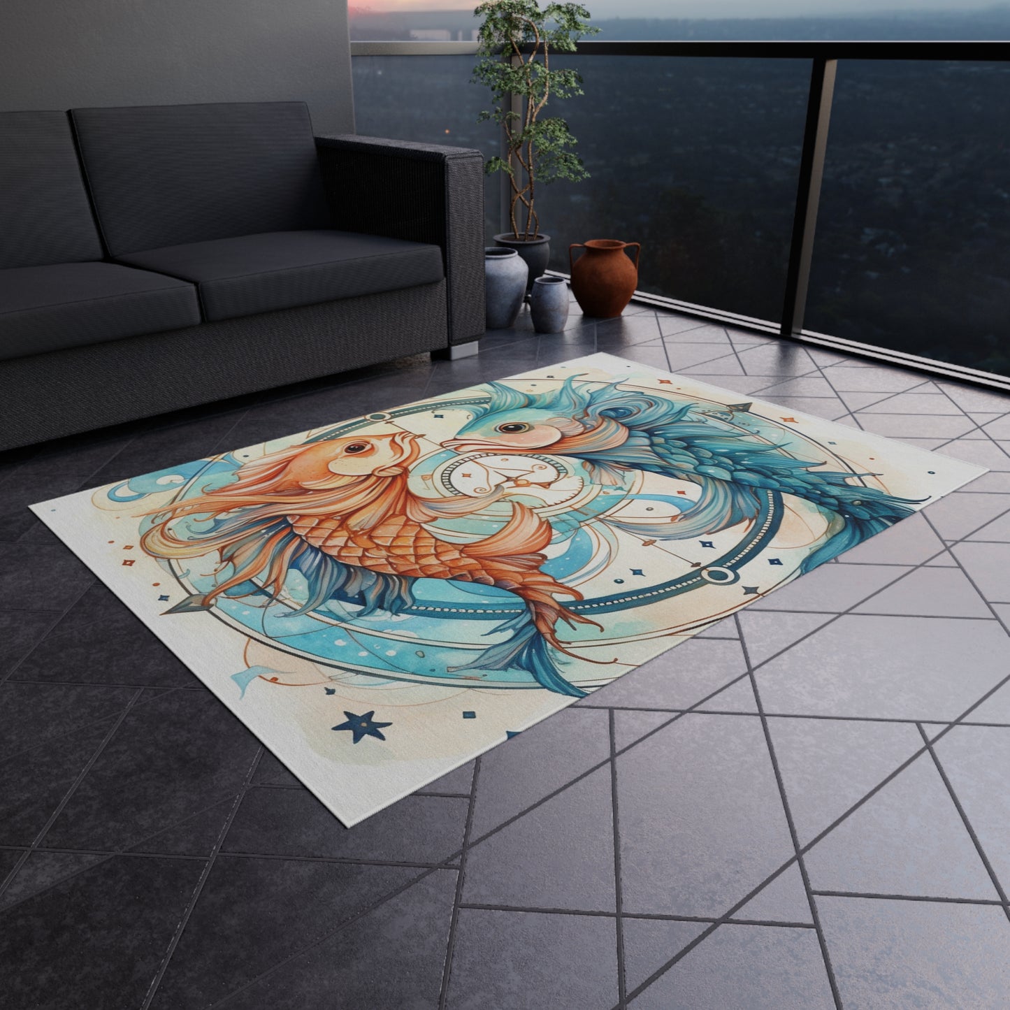 Pisces Zodiac Horoscope - Starry Watercolor & Ink, Hyper-Detailed Fish Outdoor Rug