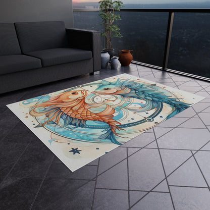 Pisces Zodiac Horoscope - Starry Watercolor & Ink, Hyper-Detailed Fish Outdoor Rug