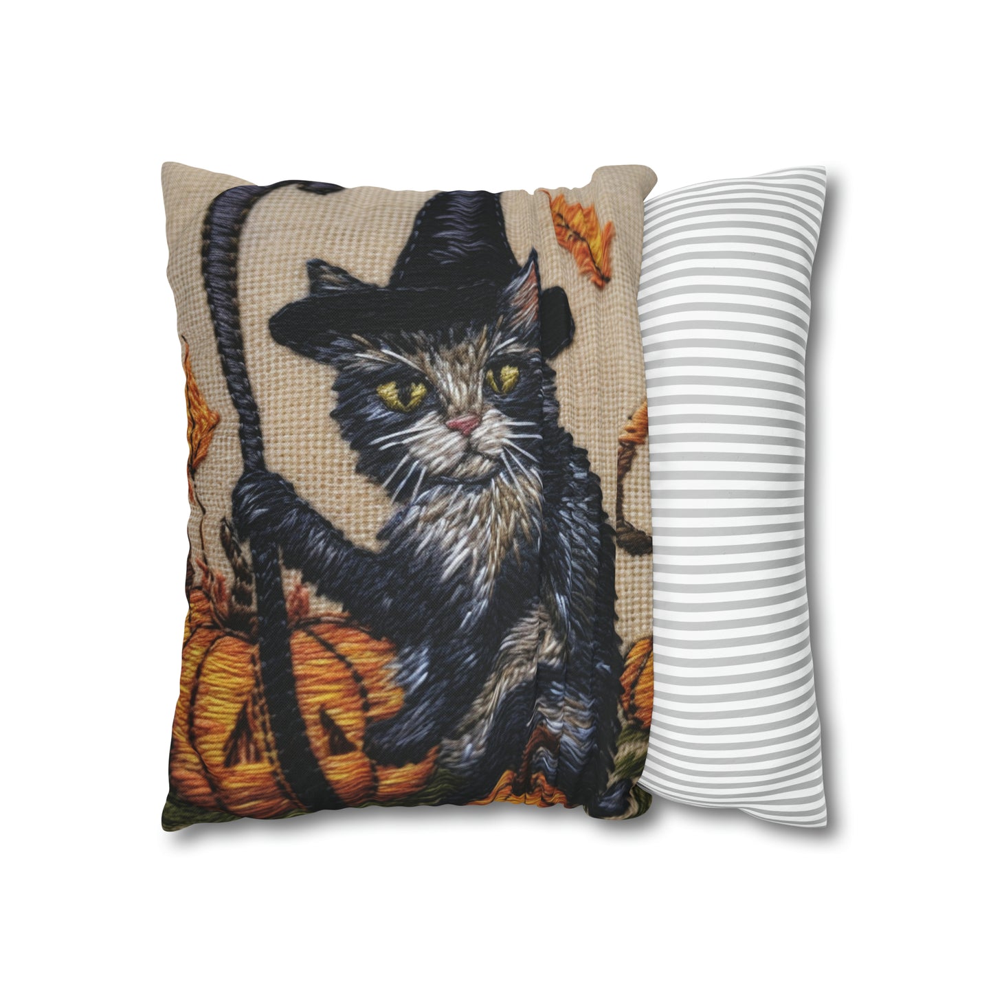 Halloween Cat Magic: Embroidered Style Feline with Pumpkins & Witch Hat - Spun Polyester Square Pillow Case