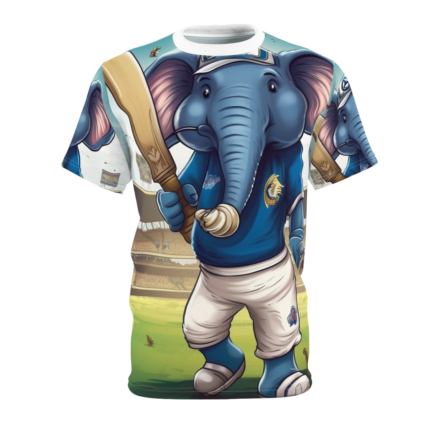 India Elephant Cricket Sport Star: Pitch, Run, Stump Game - Animated Charm - Unisex Cut & Sew Tee (AOP)