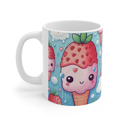 Kawaii Strawberry Sundae Cone - Traditional Japanese Anime Dessert Delight - Sweet Berry Otaku Gift - Ceramic Mug 11oz