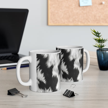 Piel de vaca sobre cuero de pelo - Blanco y negro - Estilo de diseñador - Taza de cerámica 11oz 