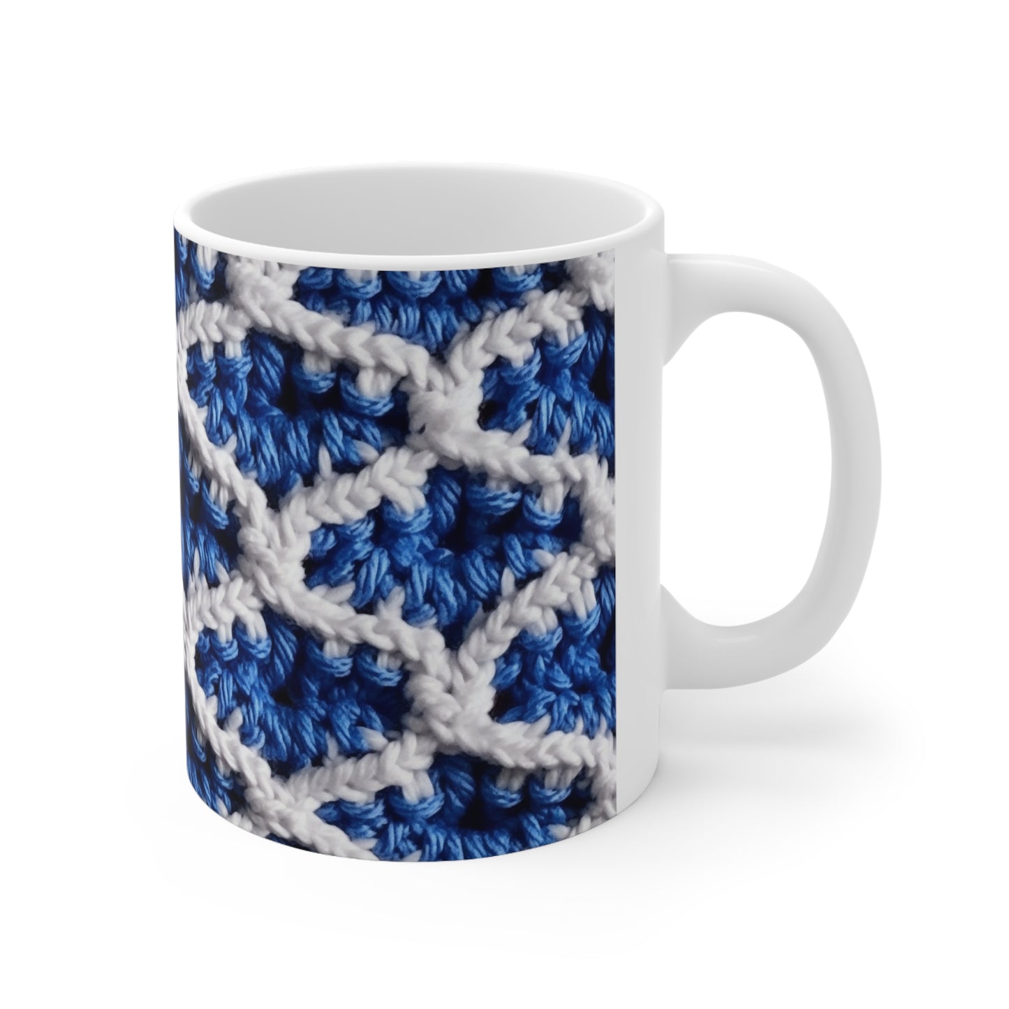 Blueberry Blue Crochet, White Accents, Classic Textured Pattern - Ceramic Mug 11oz