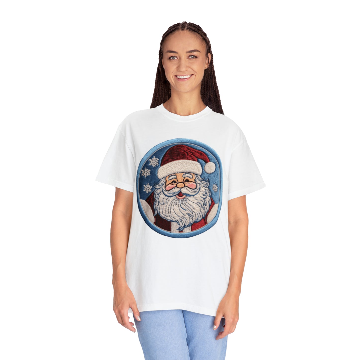 Santa Chenille Patch: Christmas Festive Holiday Design - Unisex Garment-Dyed T-shirt