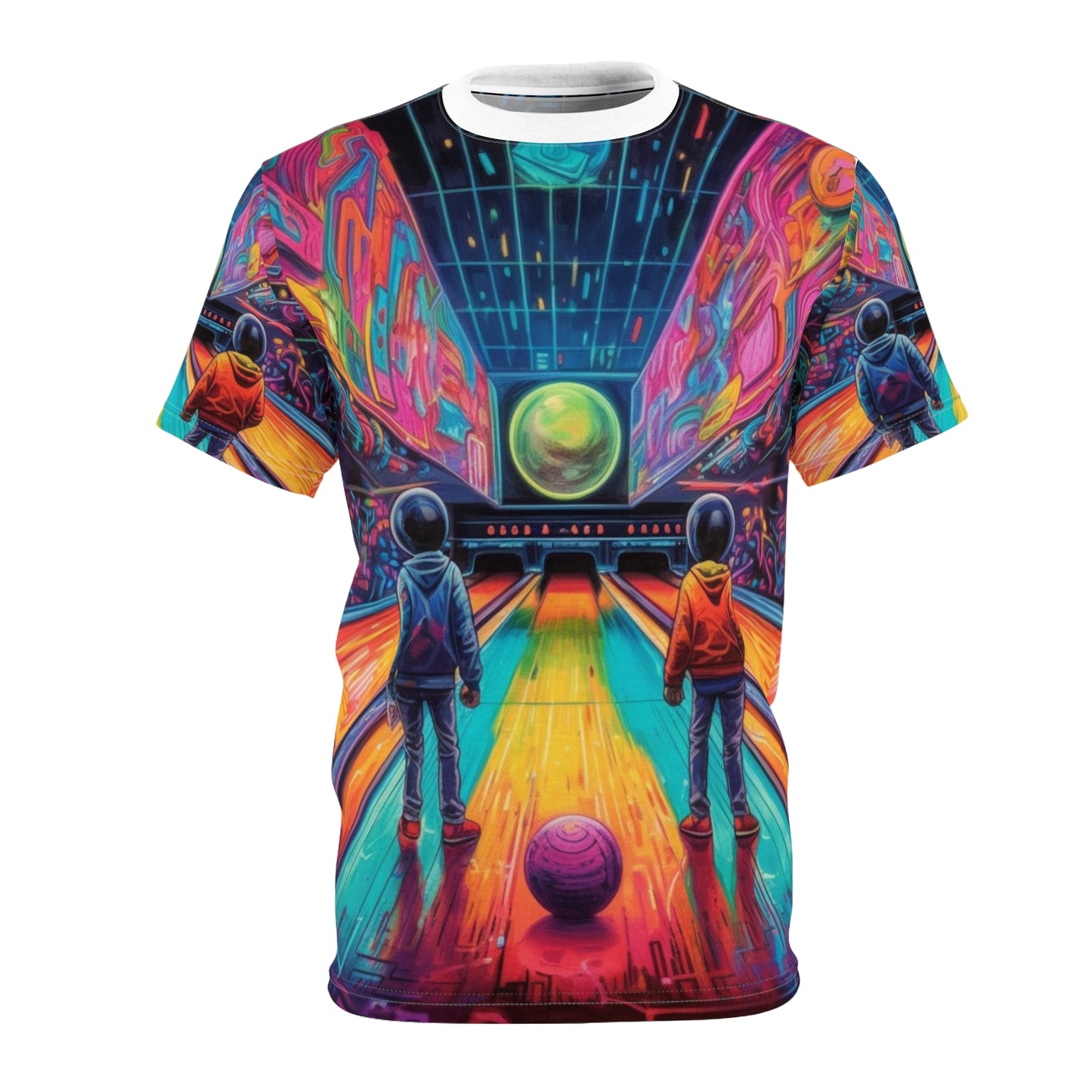 Trippy Bowling Alley: レトロフューチャー ピン ストライク ゾーン - ユニセックス カットソー Tシャツ (AOP) 