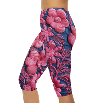 Denim Azul Muñeca Rosa Floral Bordado Estilo Tela Flores - Leggings Capri Mujer (AOP) 