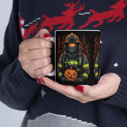 Firefighter Spooky Alert: Facing Haunted Halloween Spirits Scary Fire Pumpkin - Ceramic Mug 11oz