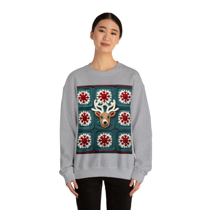 Christmas Reindeer Crochet, Wintry Wonderland Design, Festive Stag Motif. Embrace the Holiday Spirit - Unisex Heavy Blend™ Crewneck Sweatshirt