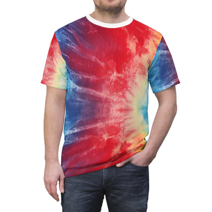 Rainbow Tie-Dye Denim: Vibrant Multi-Color, Fabric Design Spectacle - Unisex Cut & Sew Tee (AOP)