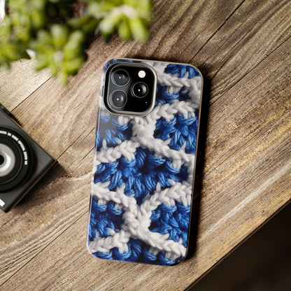 Blueberry Blue Crochet, White Accents, Classic Textured Pattern - Tough Phone Cases