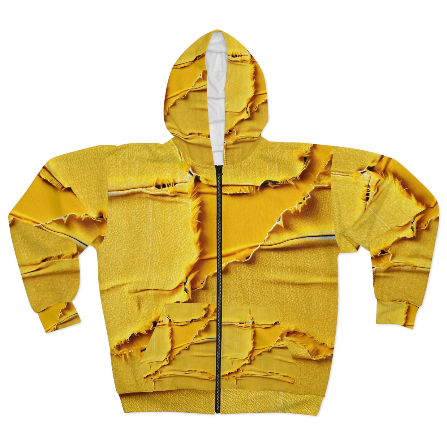 Banana Yellow Lemon: Bold Distressed, Denim-Inspired Fabric - Unisex Zip Hoodie (AOP)