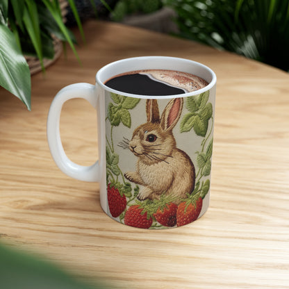 Strawberry Bunny Rabit - Embroidery Style - Strawberries Fruit Munchies - Easter Gift - Ceramic Mug 11oz