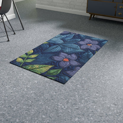 Floral Embroidery Blue: Denim-Inspired, Artisan-Crafted Flower Design - Dobby Rug