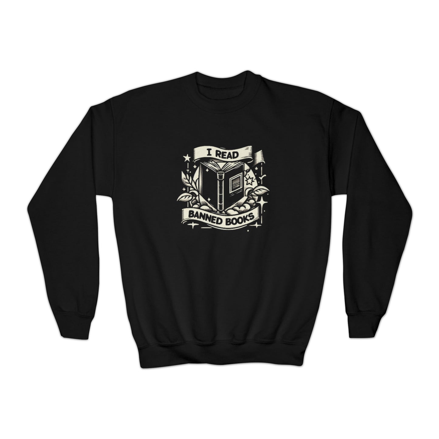 I Read Banned Books - Monochrome Crest with Stars and Laurel - Youth Crewneck Sweatshirt