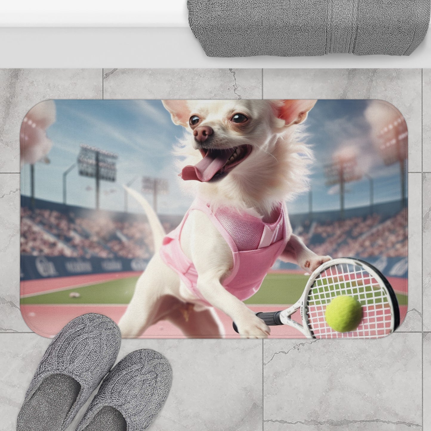 Chihuahua Tennis Ace: traje rosa para perro, juego deportivo atlético en la cancha - Alfombra de baño