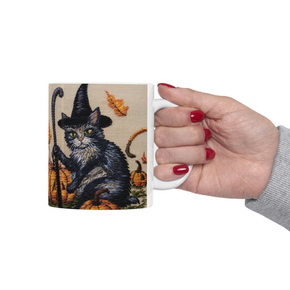 Halloween Cat Magic: Embroidered Style Feline with Pumpkins & Witch Hat - Ceramic Mug 11oz