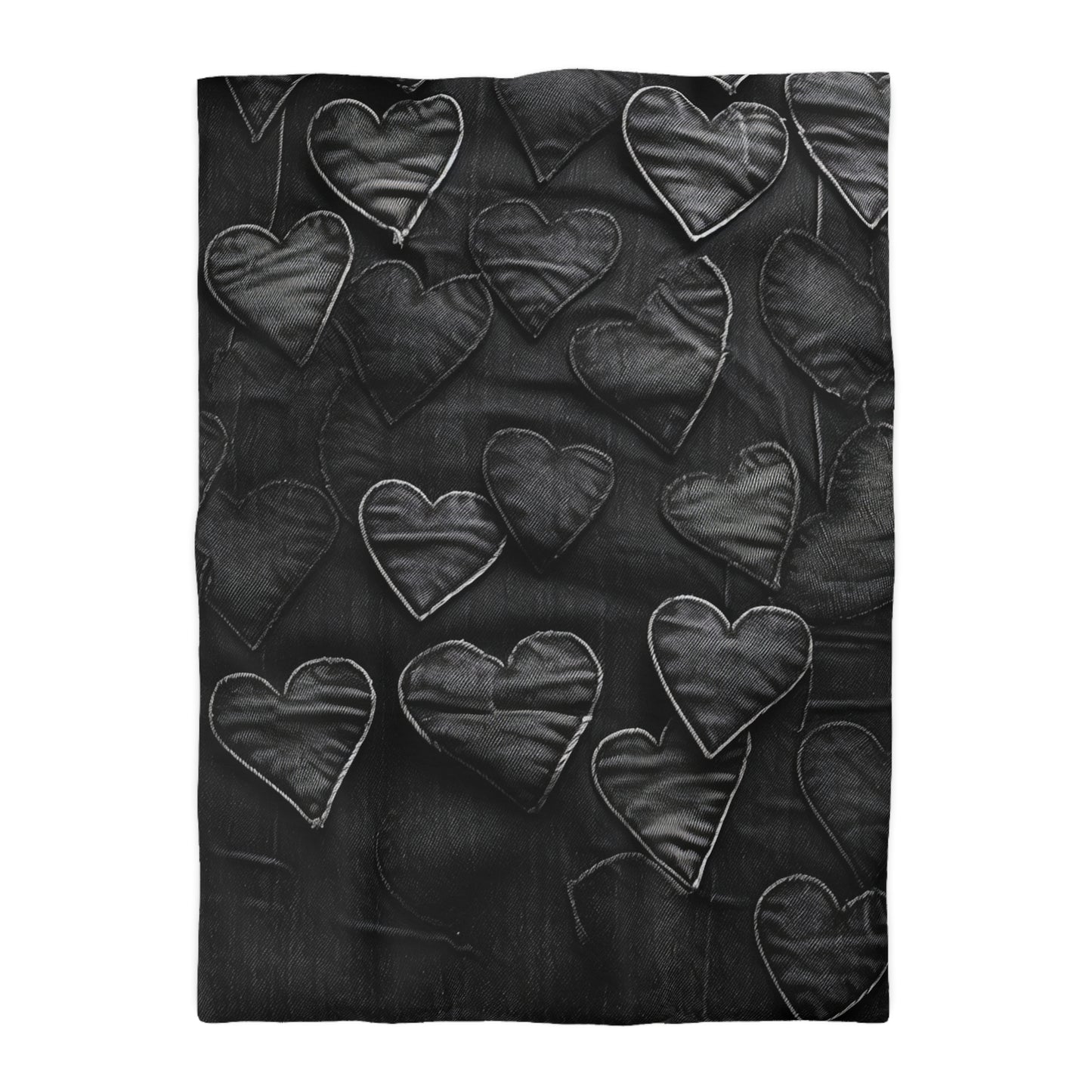 Black: Distressed Denim-Inspired Fabric Heart Embroidery Design - Microfiber Duvet Cover