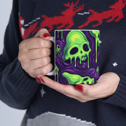 Patrón de terror aterrador de esqueletos verdes de calavera de limo de Halloween - Taza de cerámica 11oz