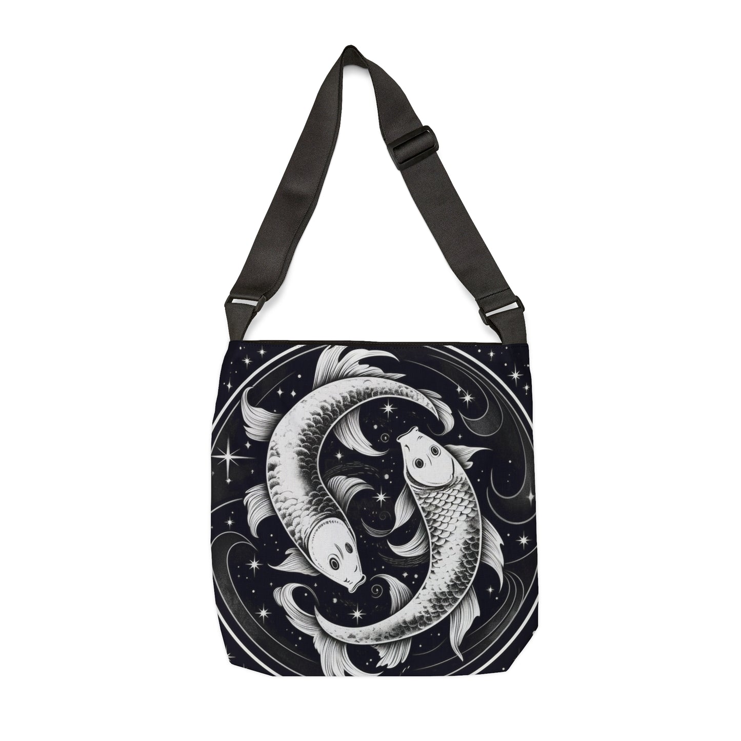 Bolso de mano del zodiaco Piscis, diseño de pez blanco y negro, 100% poliéster hilado, correa ajustable