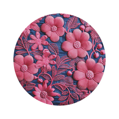 Denim Blue Doll Pink Floral Embroidery Style Fabric Flowers - Round Rug