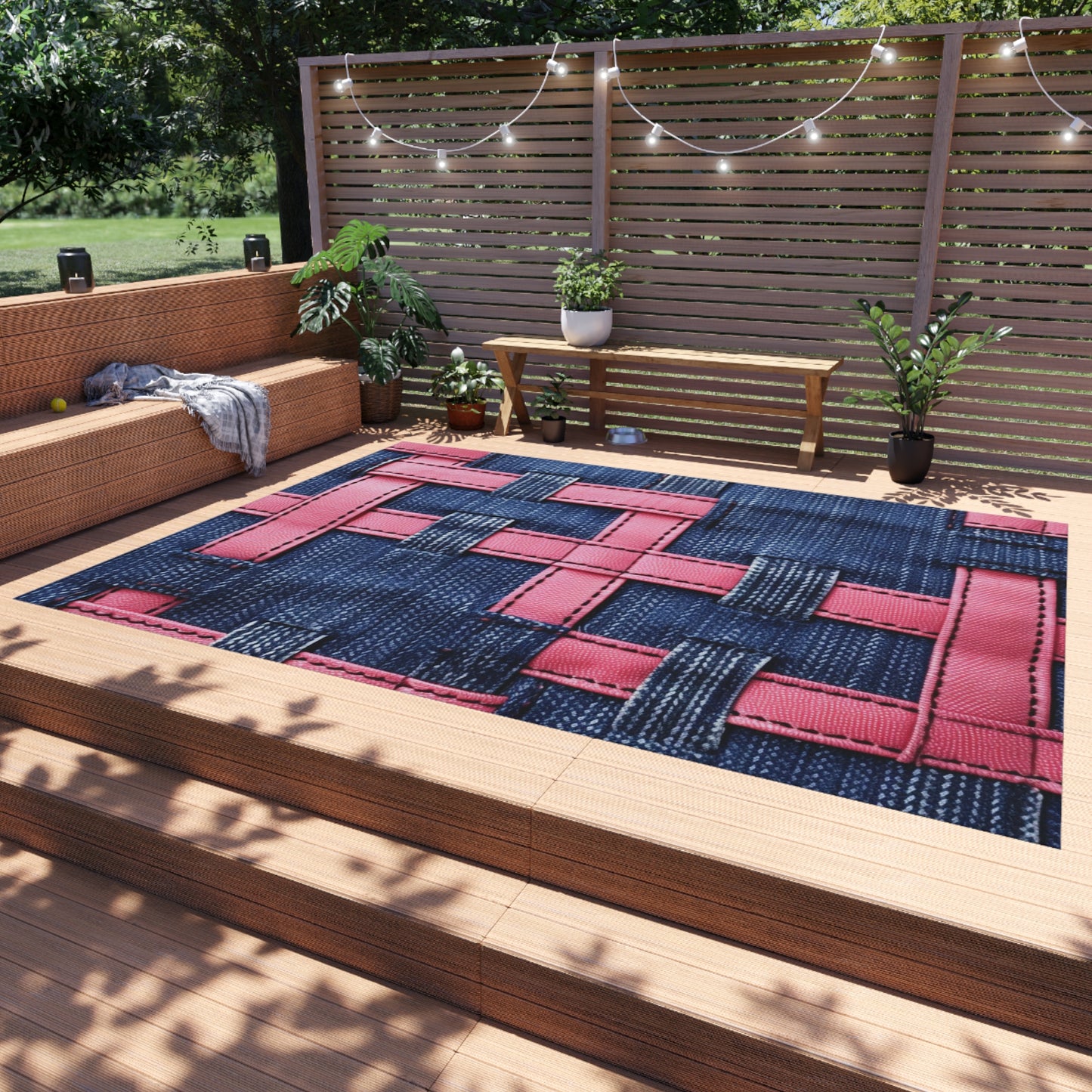 Candy-Striped Crossover: Pink Denim Ribbons Dancing on Blue Stage - Outdoor Rug