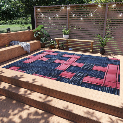 Candy-Striped Crossover: Pink Denim Ribbons Dancing on Blue Stage - Outdoor Rug