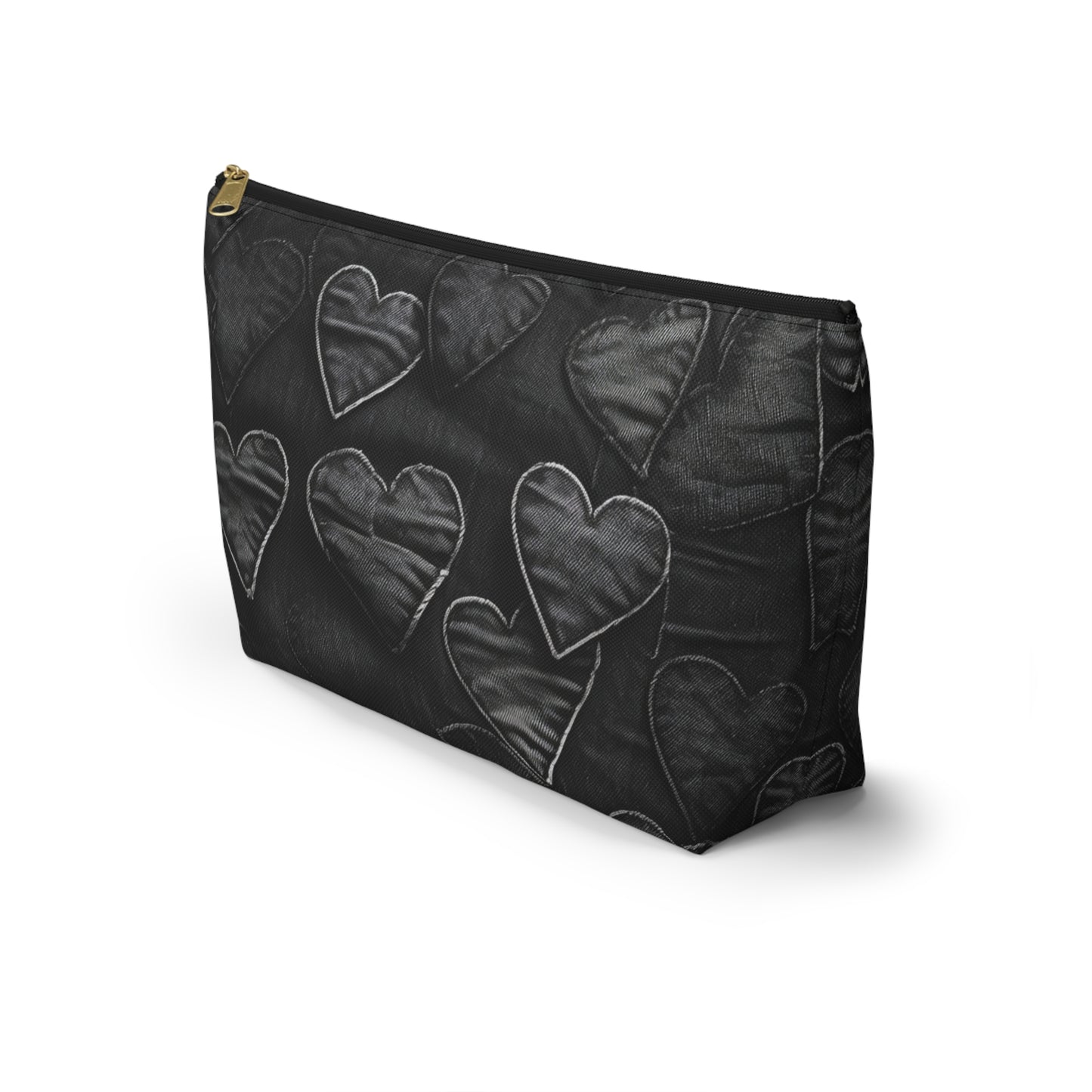 Negro azabache: diseño de bordado de corazón de tela desgastada inspirado en la mezclilla - Bolsa para accesorios con parte inferior en T 