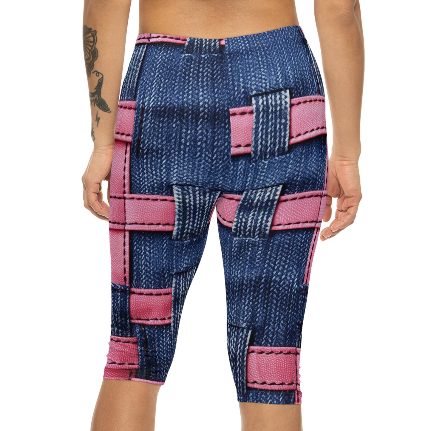 Candy-Striped Crossover: Pink Denim Ribbons Dancing on Blue Stage - Women’s Capri Leggings (AOP)