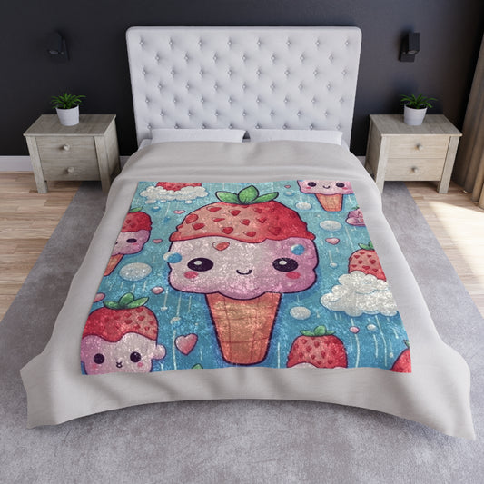 Kawaii Strawberry Sundae Cone - Traditional Japanese Anime Dessert Delight - Sweet Berry Otaku Gift - Crushed Velvet Blanket