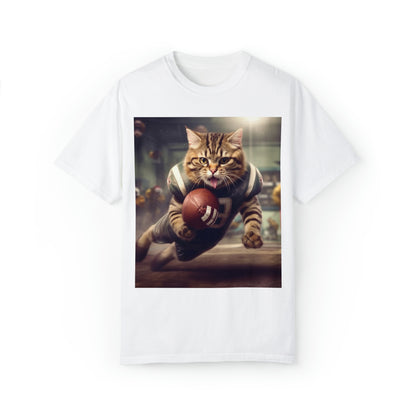 Football Field Felines: Kitty Cats in Sport Tackling Scoring Game Position - Unisex Garment-Dyed T-shirt