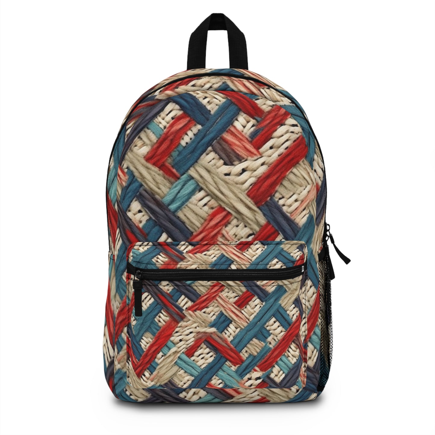 Colorful Yarn Knot: Denim-Inspired Fabric in Red, White, Light Blue - Backpack