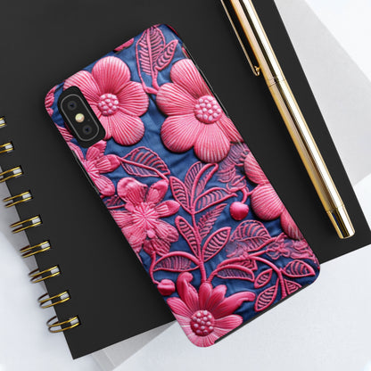 Denim Blue Doll Pink Floral Embroidery Style Fabric Flowers - Tough Phone Cases