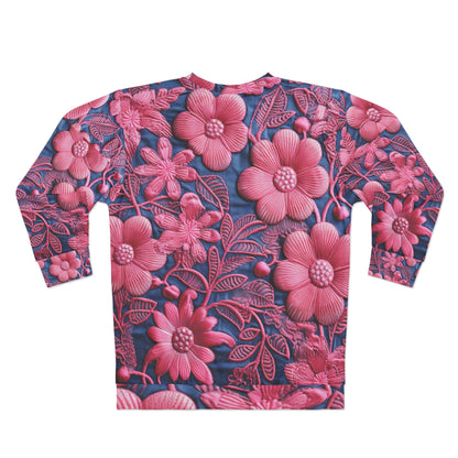 Denim Blue Doll Pink Floral Embroidery Style Fabric Flowers - Unisex Sweatshirt (AOP)