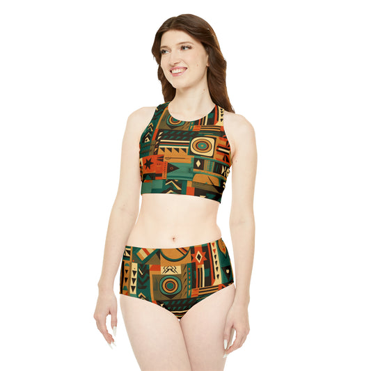 Earthy Tones Geometric Tribal-Inspired Pattern Design Sporty Bikini Set (AOP)