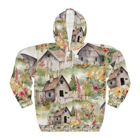 Country Wooden Houses with Flower Blooms - Cottagecore Floral Design - Outdoor Style - Unisex Pullover Hoodie (AOP)