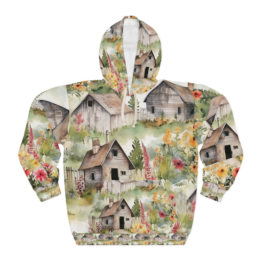 Casas campestres de madera con flores - Diseño floral Cottagecore - Estilo al aire libre - Sudadera con capucha unisex (AOP) 